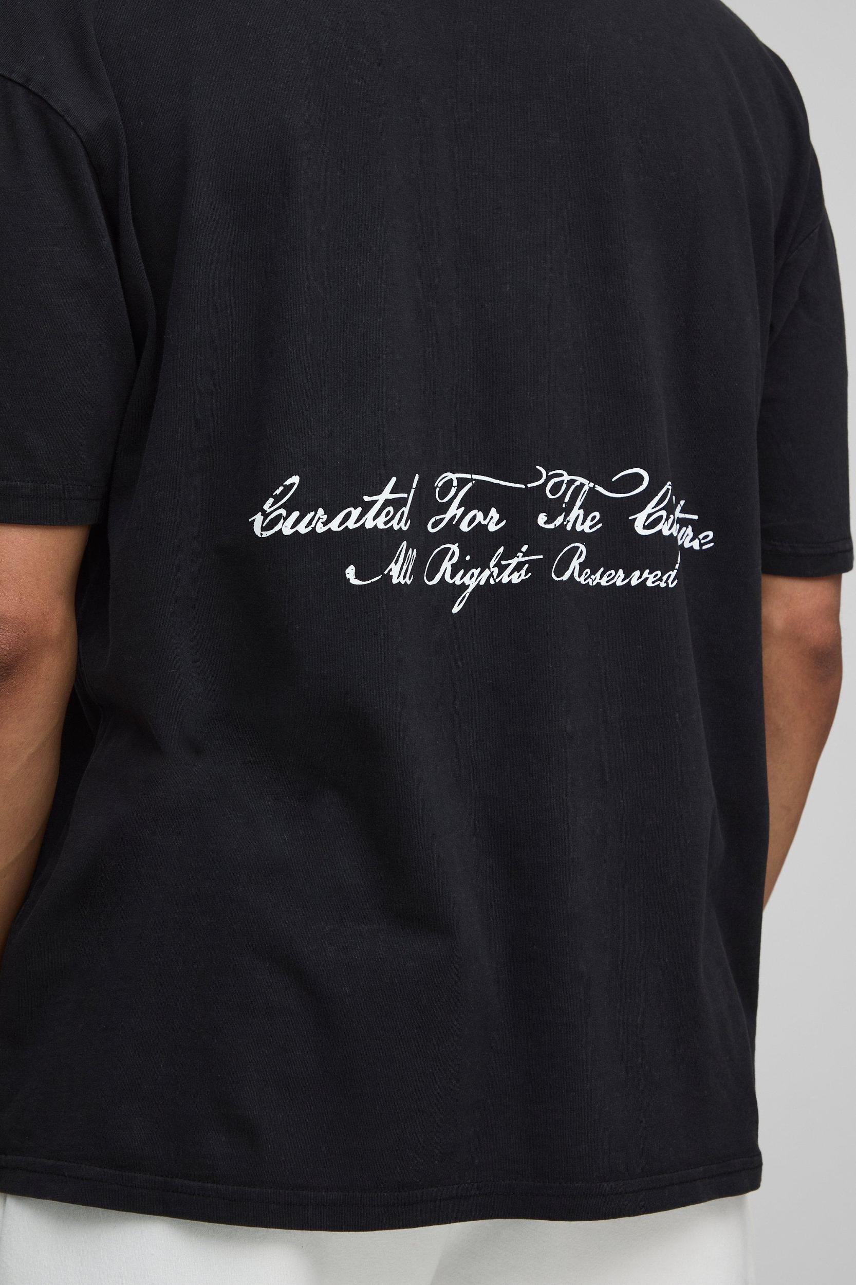 Black Oversized Washed Extended Neck Official Gothic Floral Printed T-Shirt | boohooMAN USA Product Image