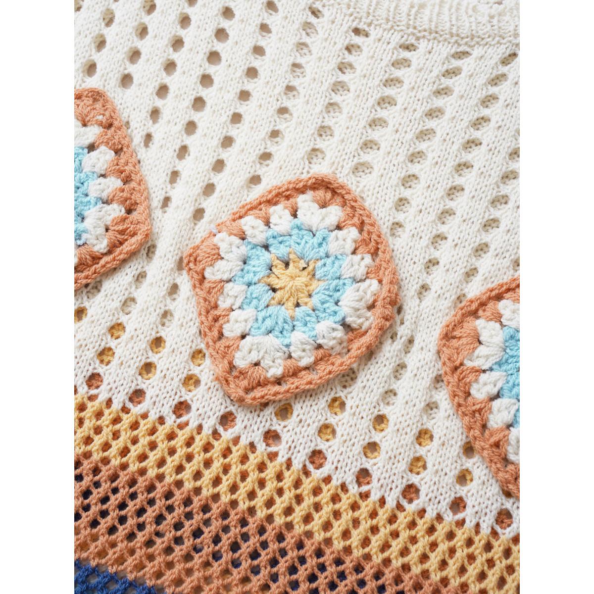 Plus Size Contrast Striped Crochet Cut Out Swim Cover Up Women's Swimwear Ivory Beach Crochet Curve Swim Cover Ups BloomChic 26/4X Product Image