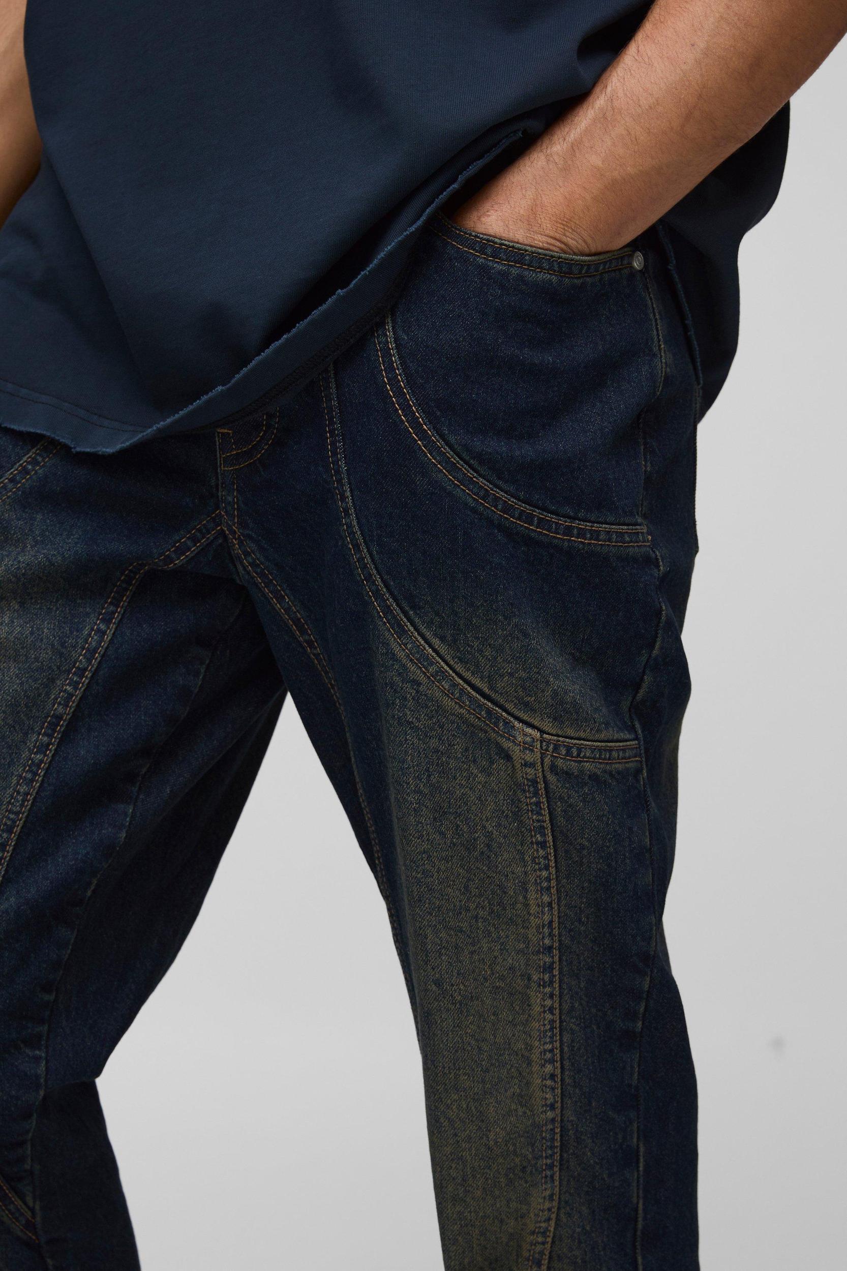Relaxed Rigid Flare Washed Panelled Denim Jeans | boohooMAN USA Product Image