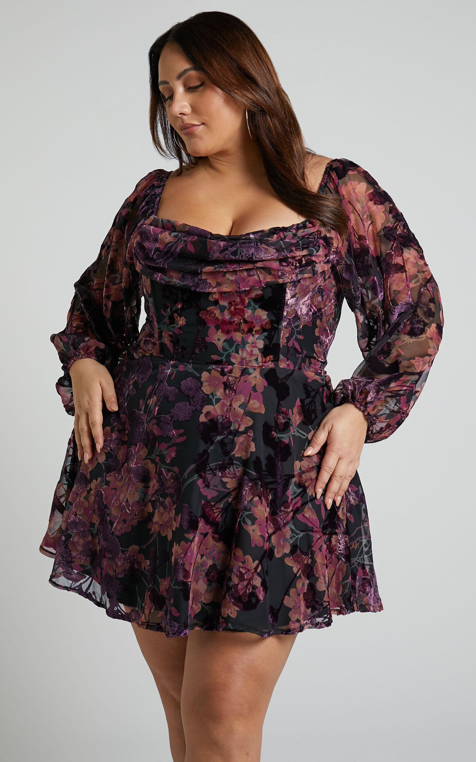 Jessell Mini Dress - Long Sleeve Cowl Corset Dress in Burnt Out Floral Product Image
