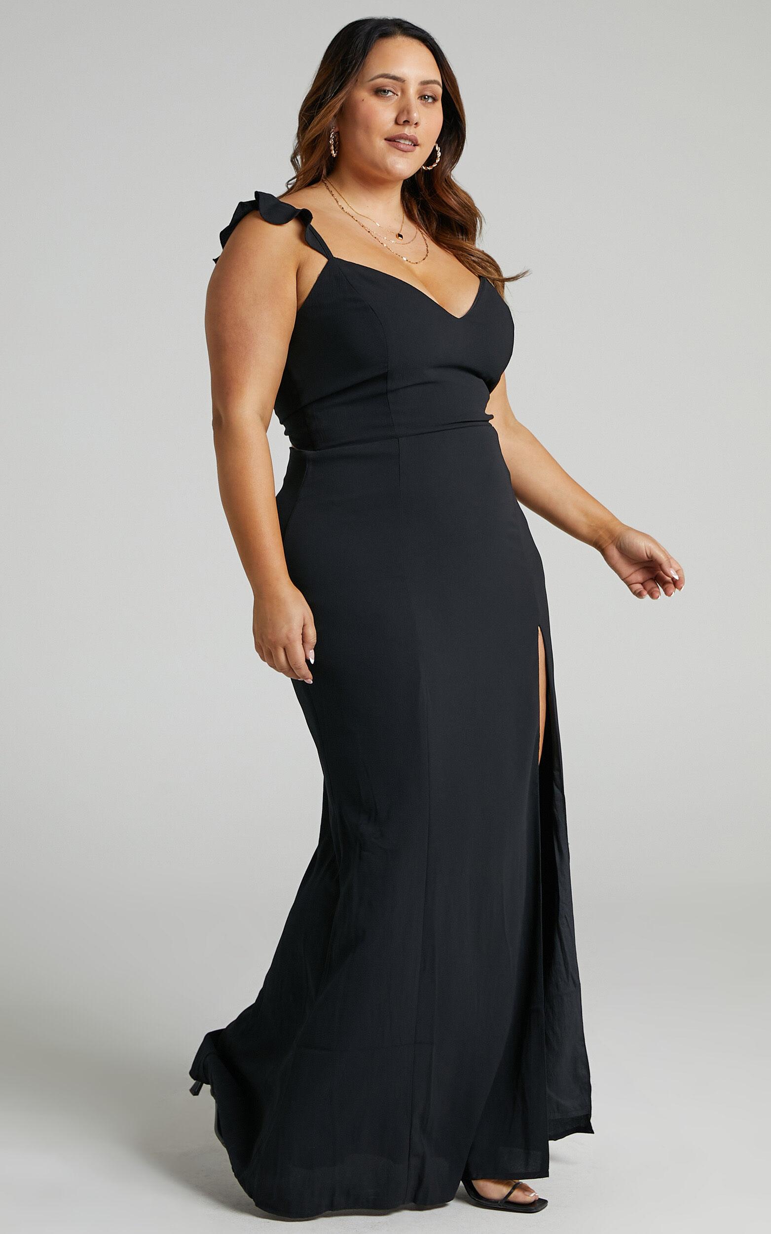 More Than This Maxi Dress - Ruffle Strap Thigh Split Dress in Black Product Image