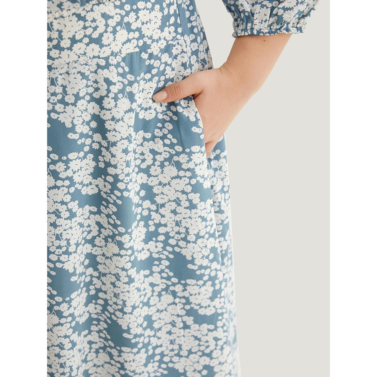 Plus Size Ditsy Floral Pleated Detail Lantern Sleeve Dress LightBlue Women Elegant Elastic cuffs V-neck Elbow-length sleeve Curvy Midi Dress BloomChic 30/6X Product Image