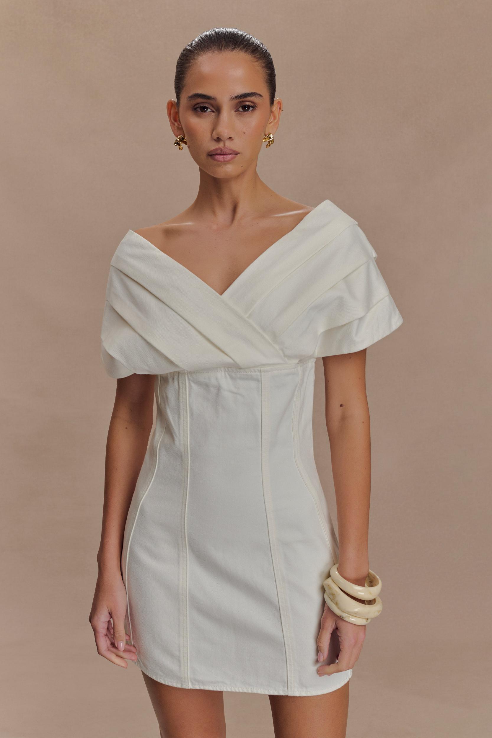 Pascale Off Shoulder Denim Mini Dress - White Product Image