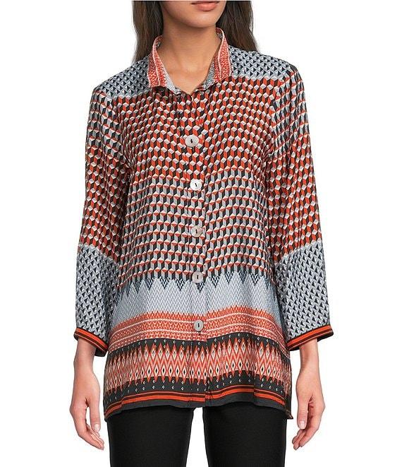 Ali Miles Woven Chevron Geo Print Wire Collar 3/4 Cuff Sleeve Hi-Low Hem Button Front Tunic Product Image