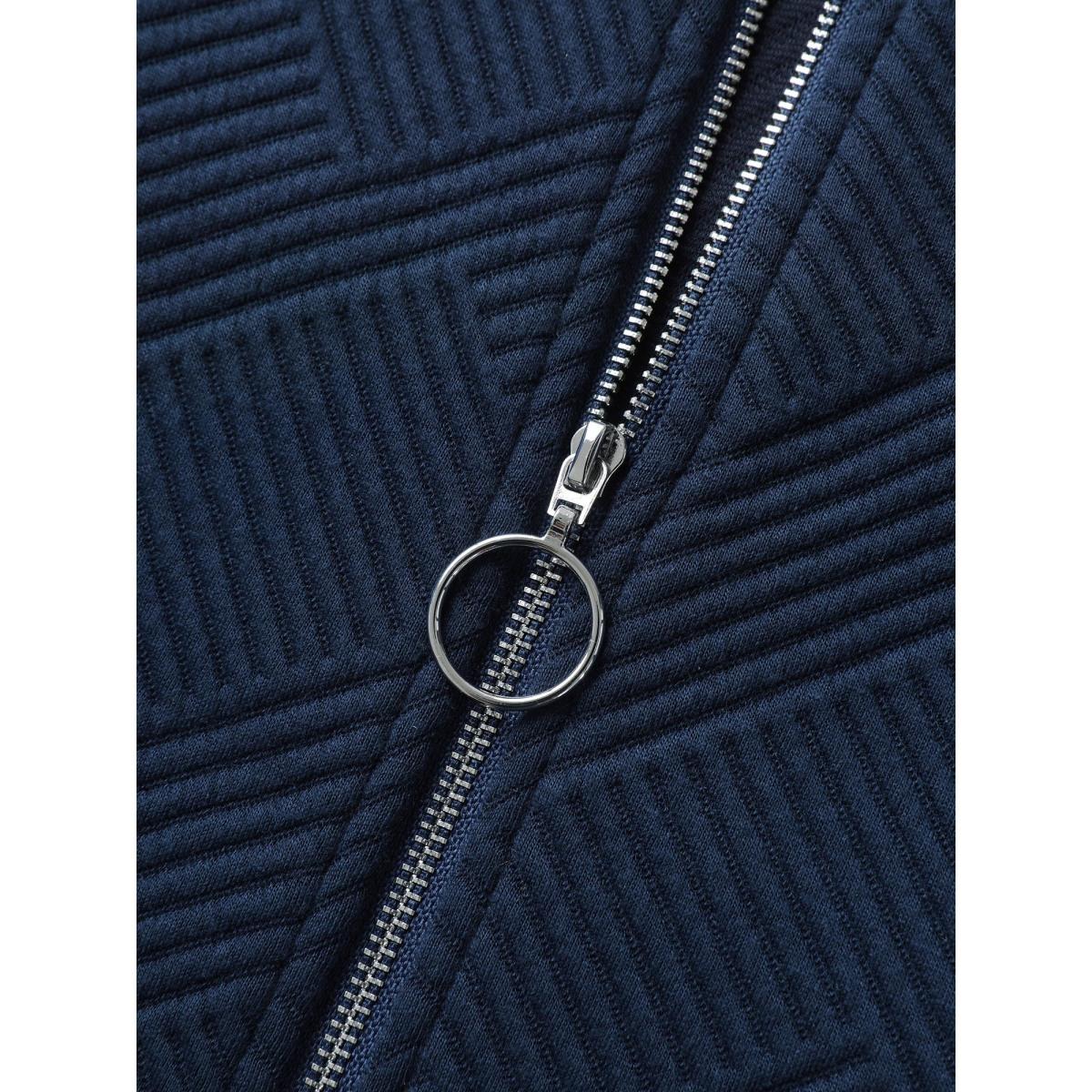 Plus Size Textured Solid Pockets Zipper Jacket Women Navy Texture Loose Slanted pocket Casual Jackets BloomChic 30/6X Product Image