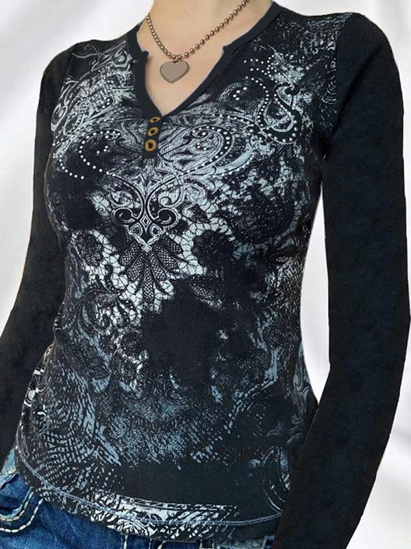 Gothic Print V Neck Long Sleeve Tee Product Image