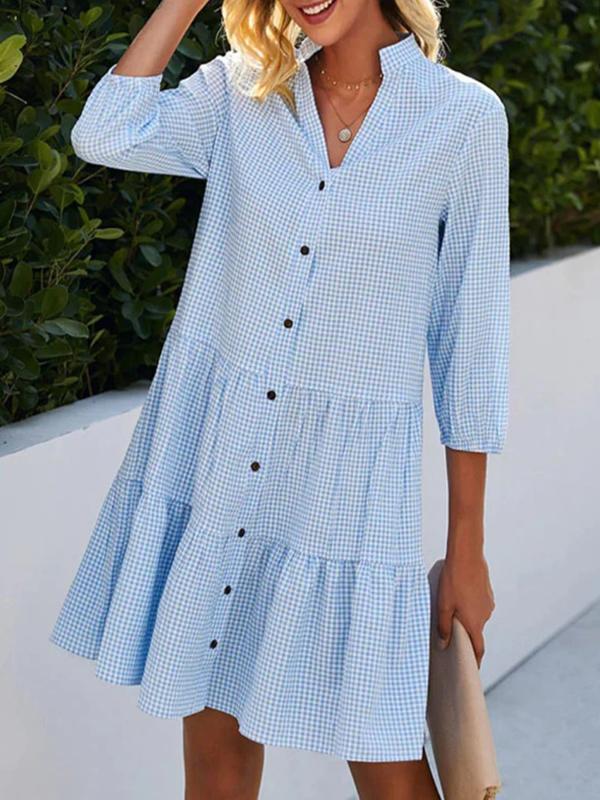 A-Line Loose Buttoned Plaid Split-Joint Stand Collar Mini Dresses Shirt Dress Product Image