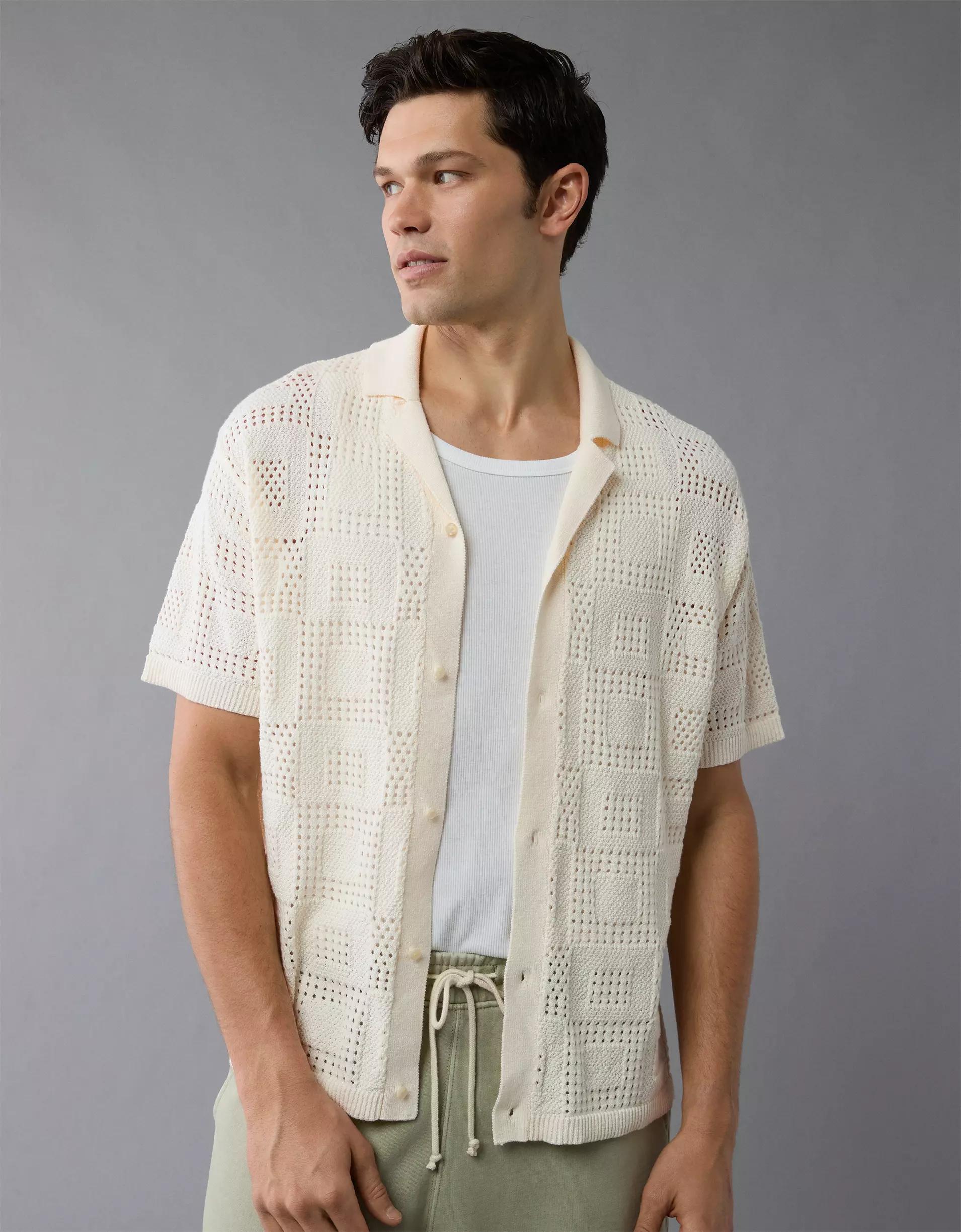 AE Weekend Textured Checkerboard Button-Up Sweater Polo Shirt Product Image