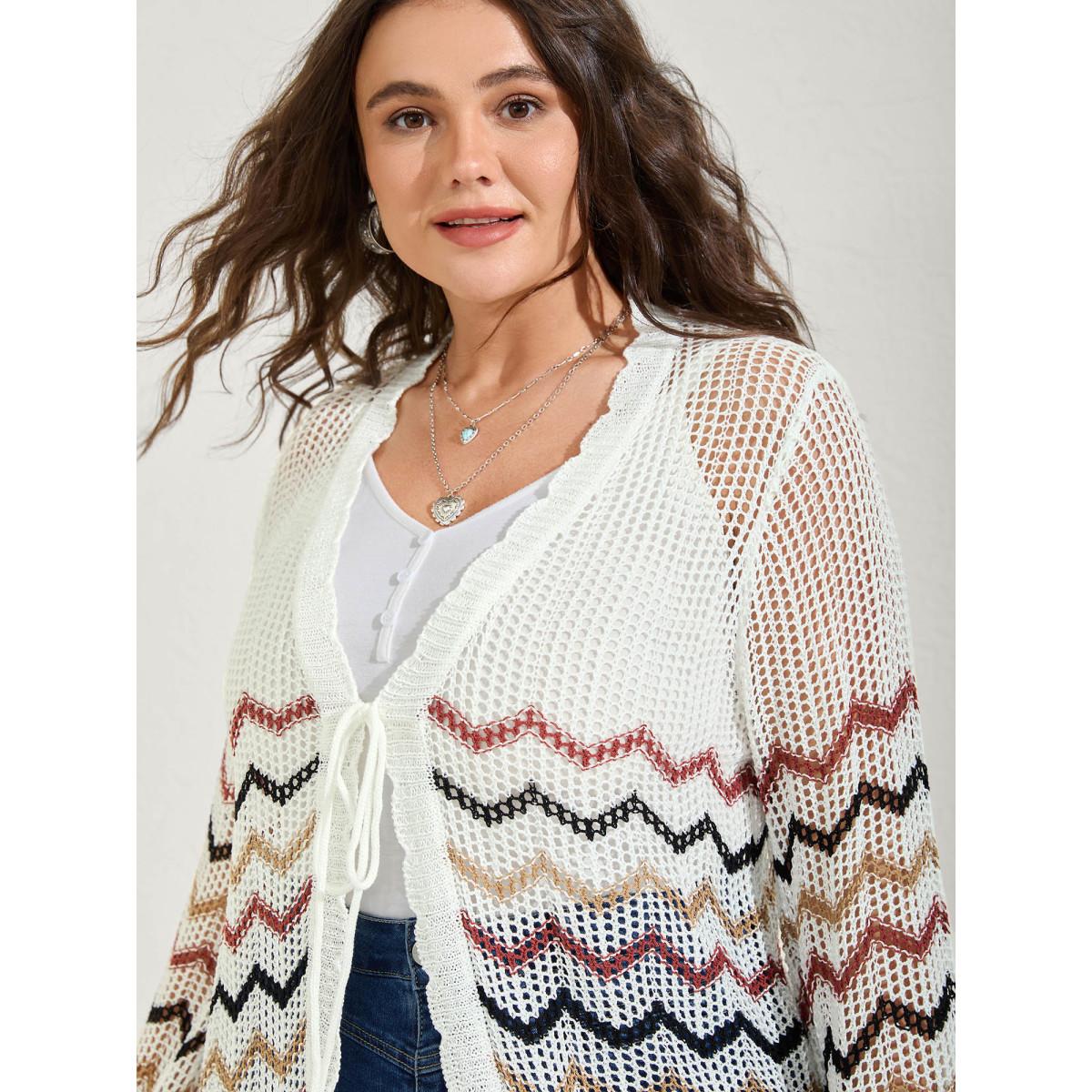 Plus Size Irregular Stripes Front Double Tie Lightweight Cardigan Ivory Women Loose Sleeveless Vacation Cardigans BloomChic 22-24/3X Product Image