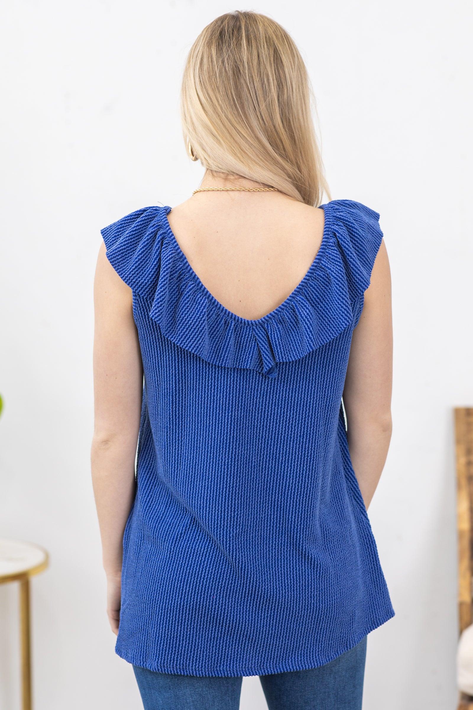 Cobalt Ruffled V-Neck Ribbed Knit Tank Product Image