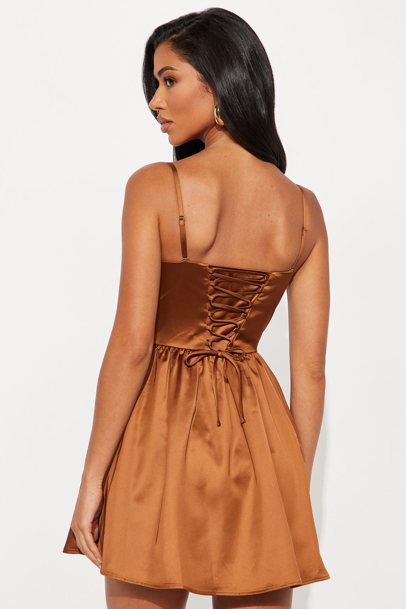 Mila Pleated Satin Mini Dress - Brown Female Product Image