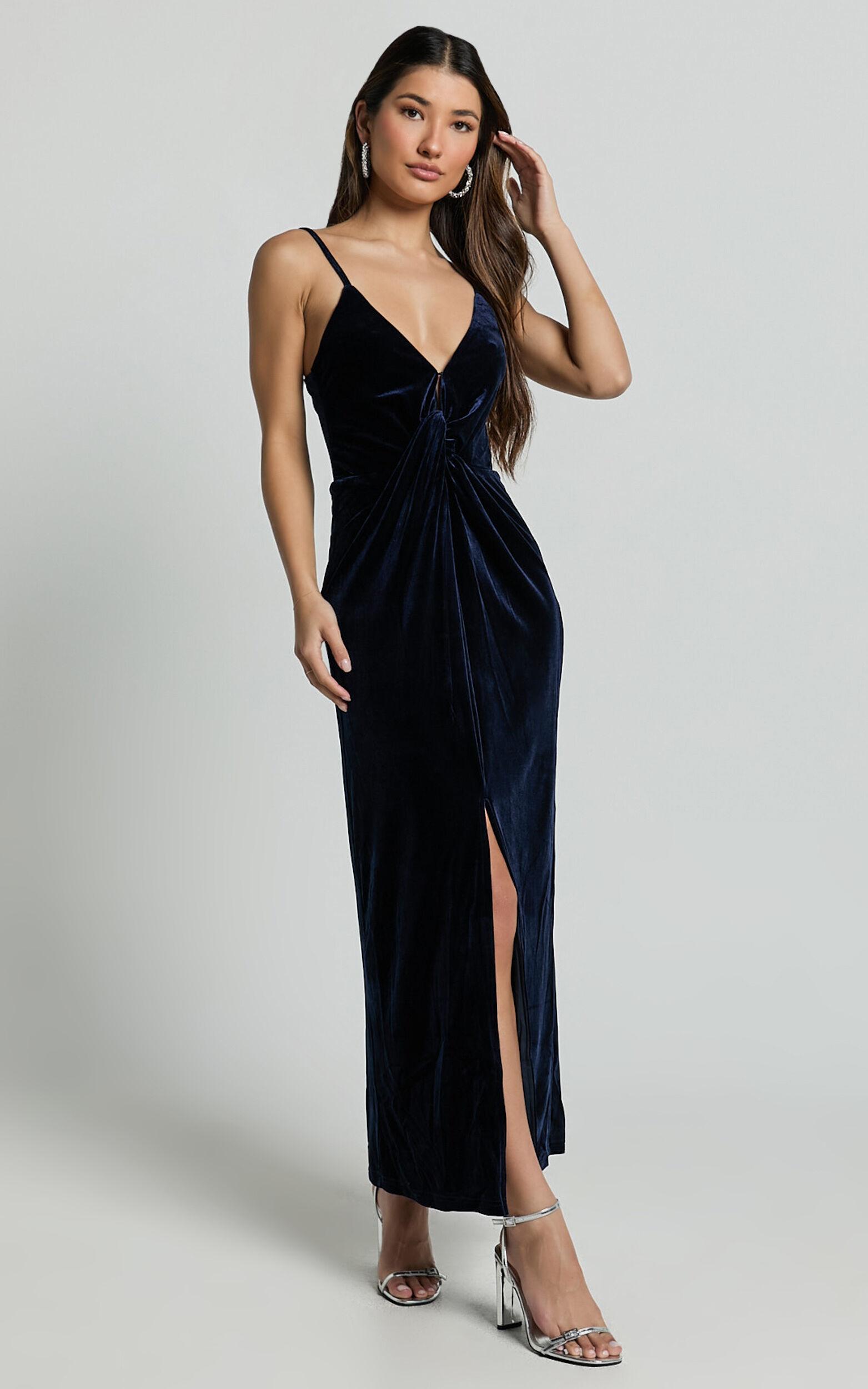 Rebecca Midi Dress - Front Twist Thigh Split Velvet Dress in Navy Product Image