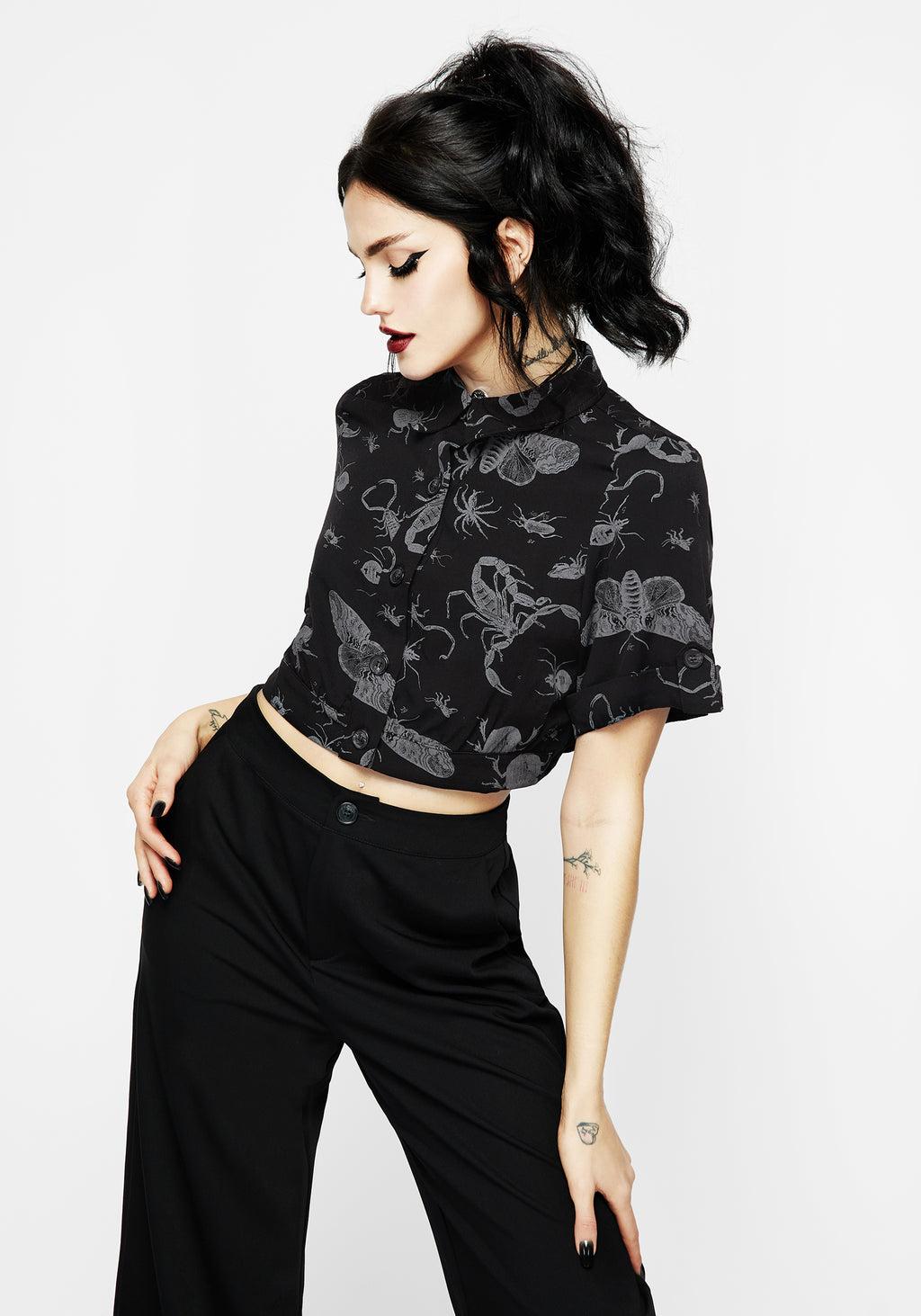 Parasite Bugs Short Sleeve Crop Shirt - Black Product Image