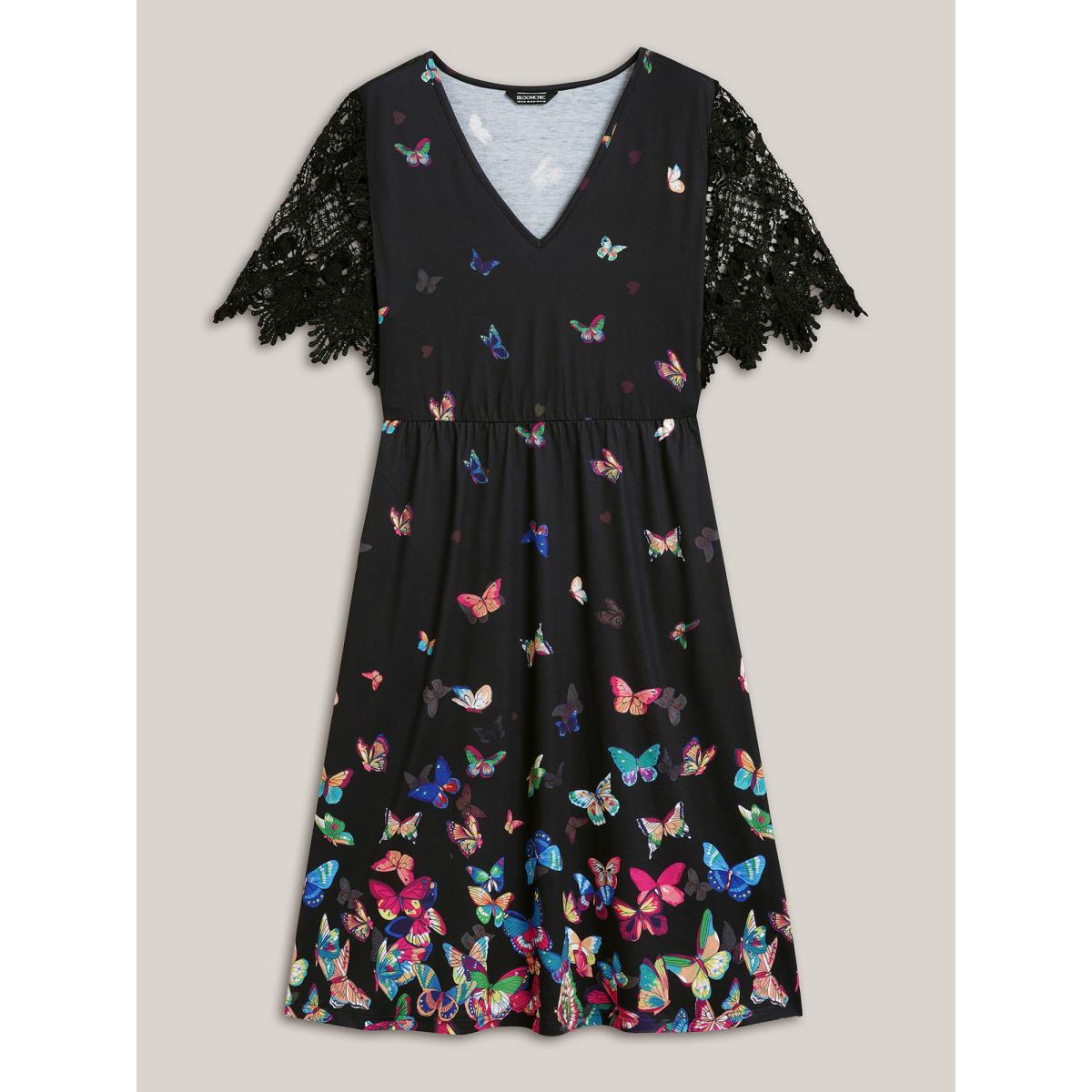 Plus Size Butterfly Print V-Neck Lace Midi Dress Multicolor Women Casual Woven ribbon&lace trim Knit Dresses Bloomchic 26/4X Product Image