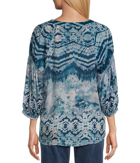 Westbound Woven Tie-Dye Elbow Smock Sleeve Henley Blouse Product Image
