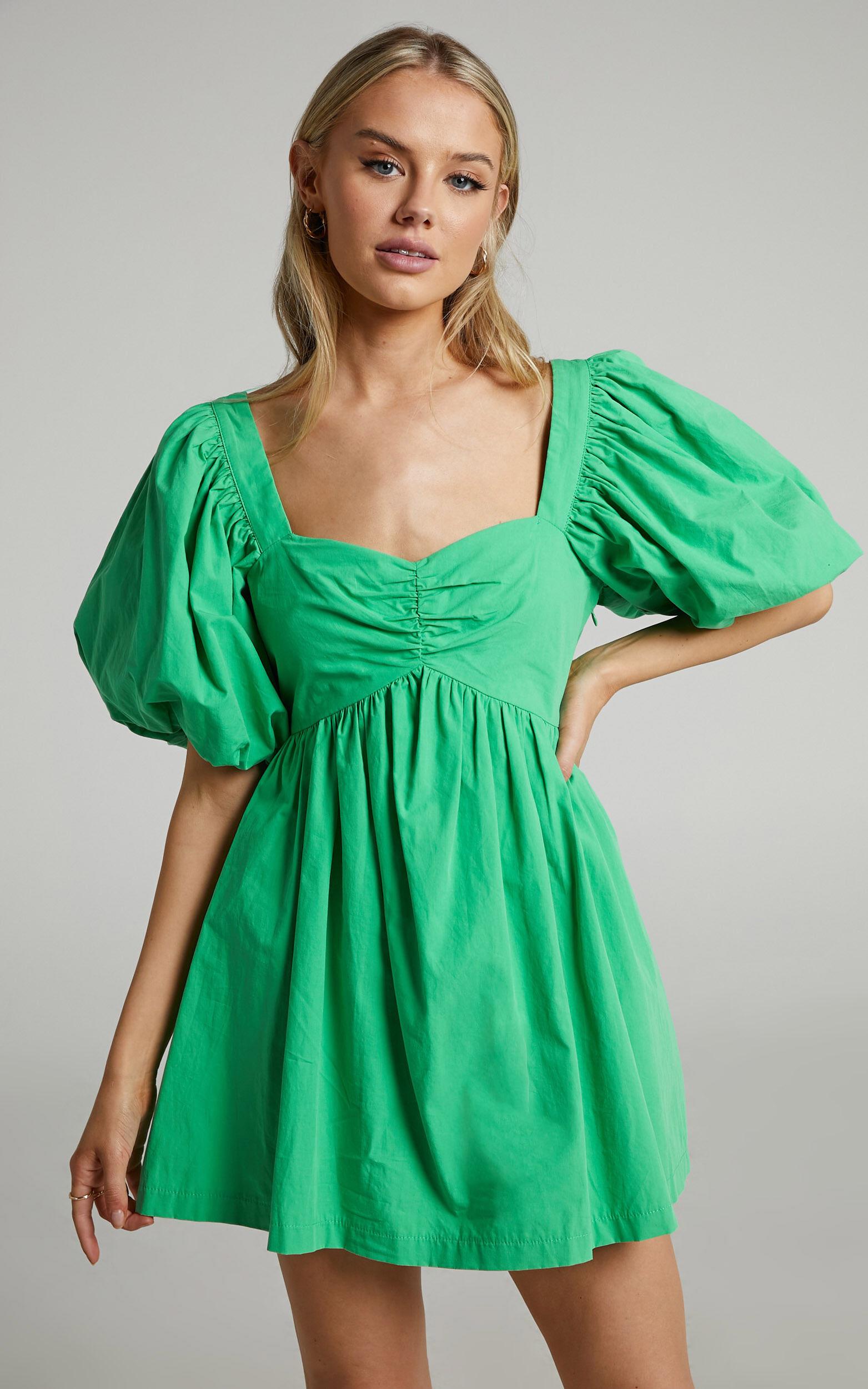 Vashti Mini Dress - Puff Sleeve Sweetheart Dress in Green Product Image