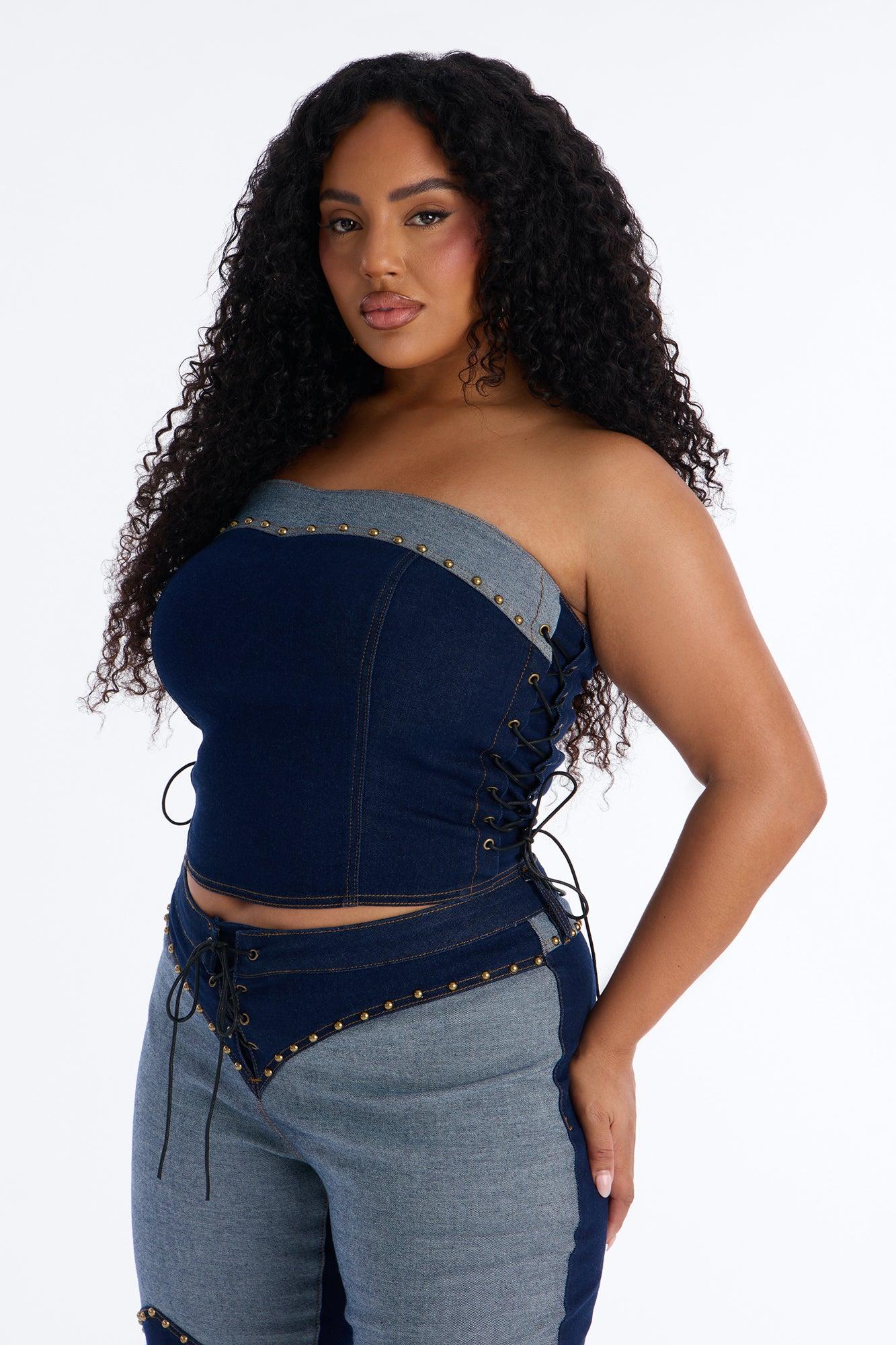 Tianna Denim Corset Flare Pant Set - Dark Denim Female Product Image