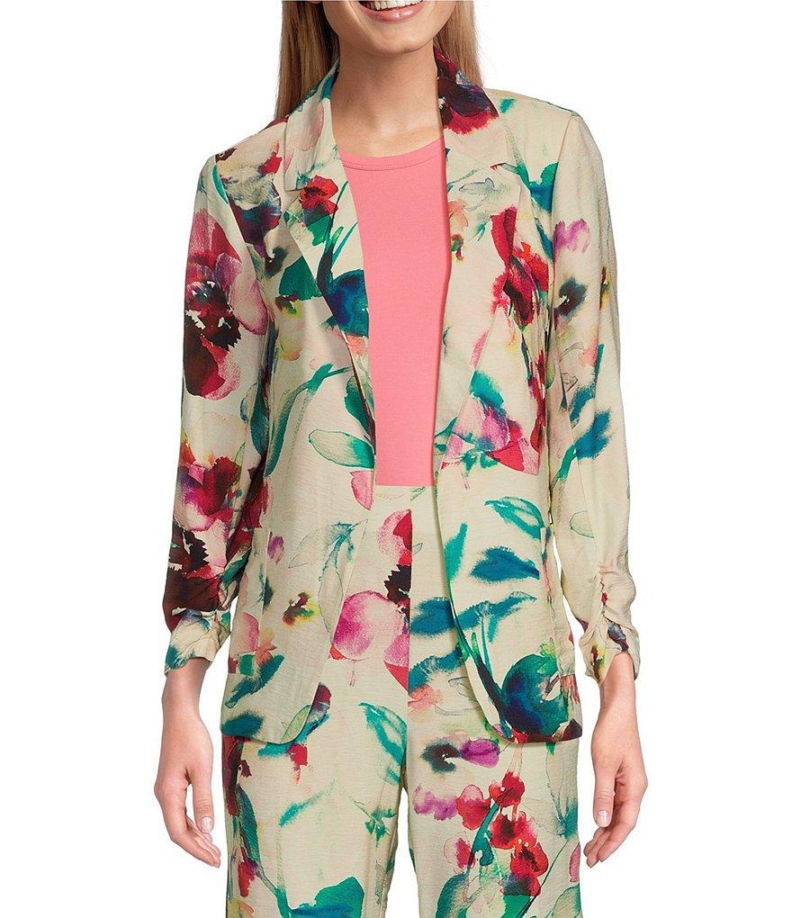 Investments Floral 3/4 Ruched Sleeve Open Lapel Front Jacket Product Image