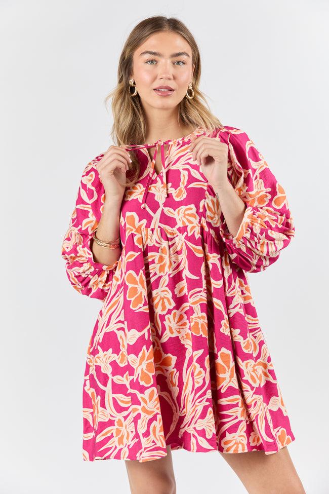 Keep The Flowers Fuchsia Floral Print Long Sleeve Mini Dress FINAL SALE Product Image