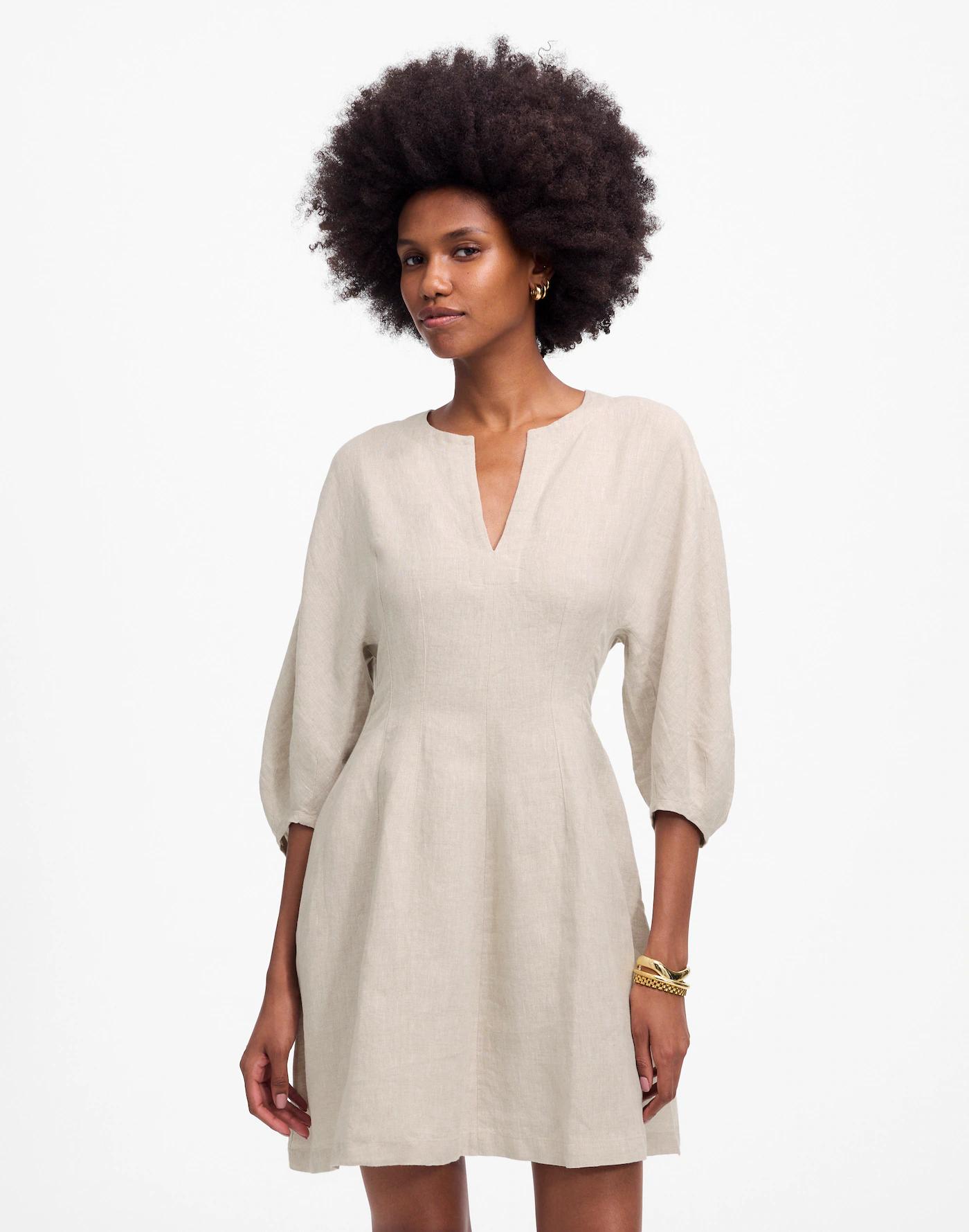 Splitneck Mini Dress in 100% Linen Product Image