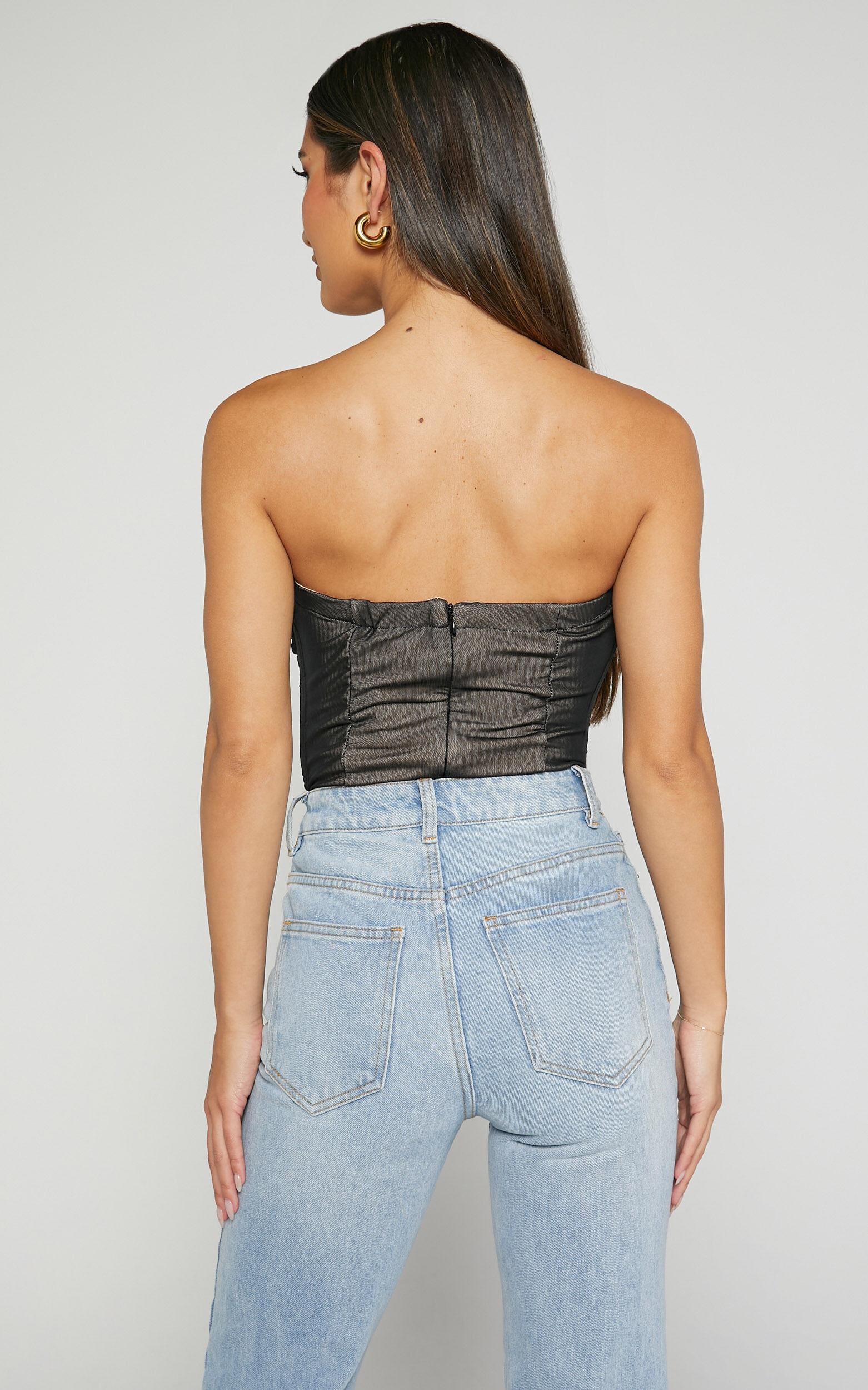 Isabella Bodysuit - Ruched Strapless Mesh Corset in Black Product Image