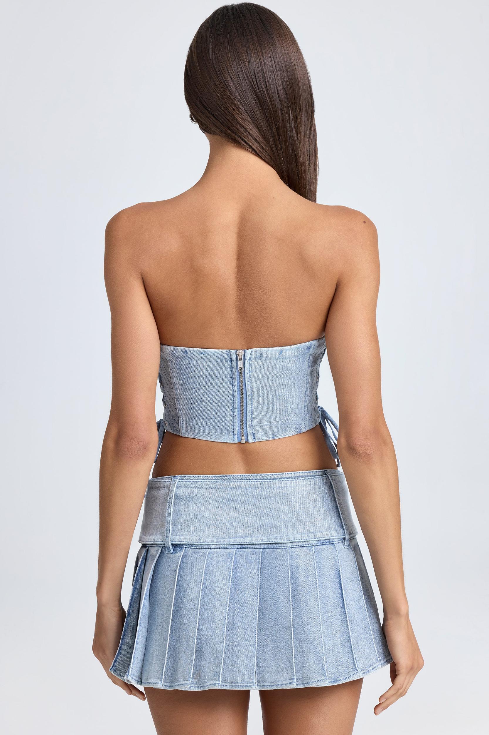 Belted Pleated Low-Rise Micro Mini Skirt in Light Blue Stonewash Product Image