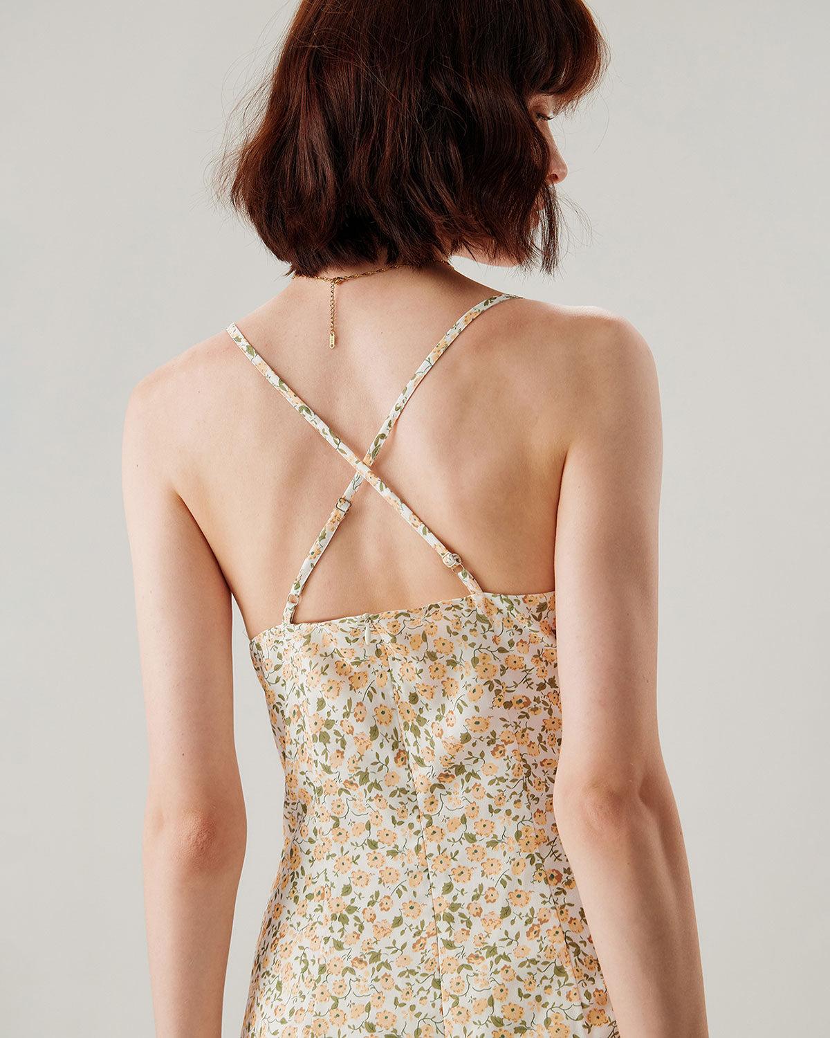 Yellow Floral Ruched Slip Midi Dress Product Image