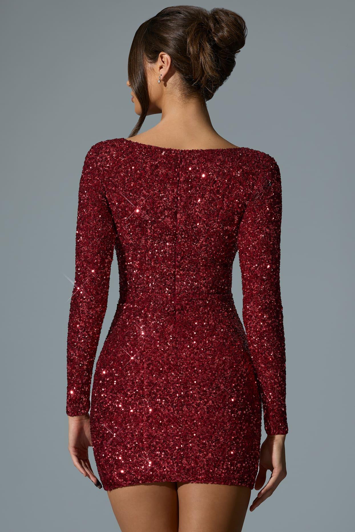 Embellished Sweetheart-Neck Mini Dress in Red Product Image