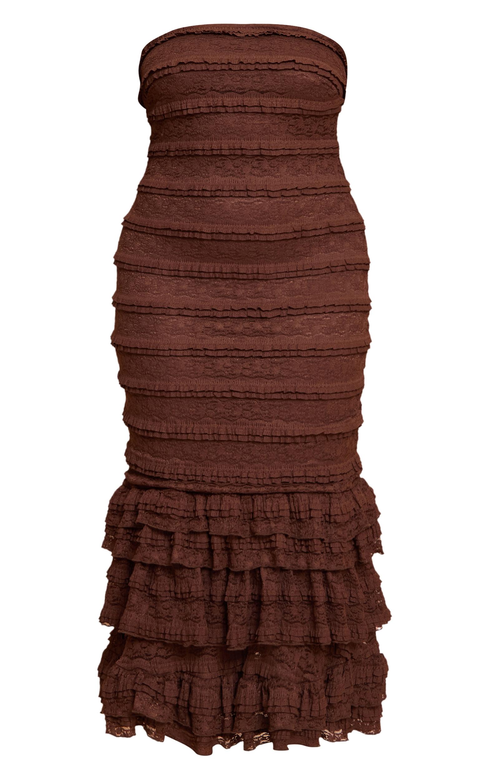 Plus Chocolate Textured Lace Frill Tiered Midaxi Dress Product Image
