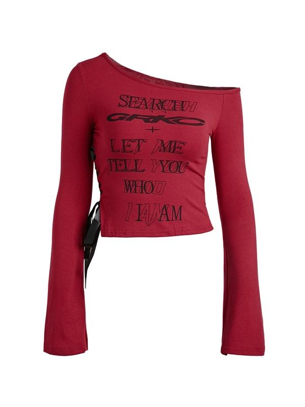 Y2K One Shoulder Letter Print Tie Up Long Sleeve Tee Product Image
