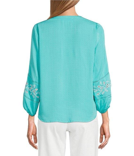 Nurture Embroidered 3/4 Sleeve V-Neck Placket Top Product Image