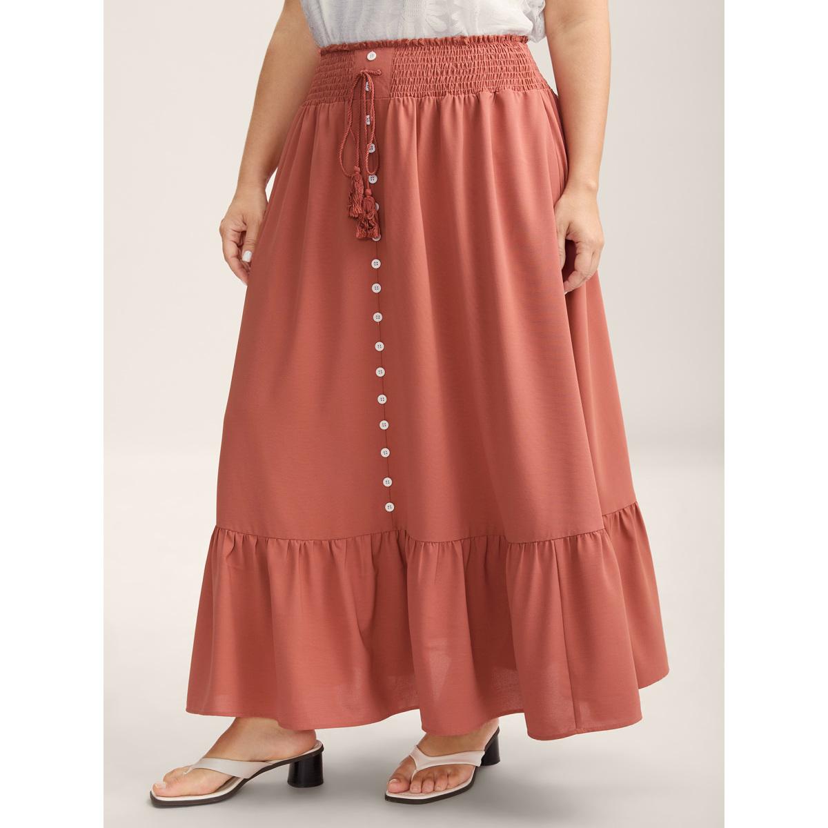 Plus Size Shirred Back Button Detail Maxi Skirt Women Denimdustypink Loose No stretch Side seam pocket Vacation Skirts BloomChic 18-20/2X Product Image