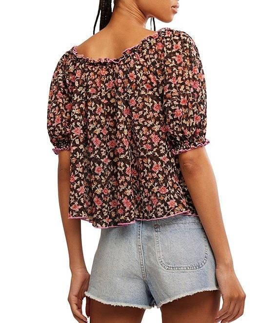Free People Astra Peasant Floral Print Scoop Neck Short Puffed Sleeve Knit Top Product Image
