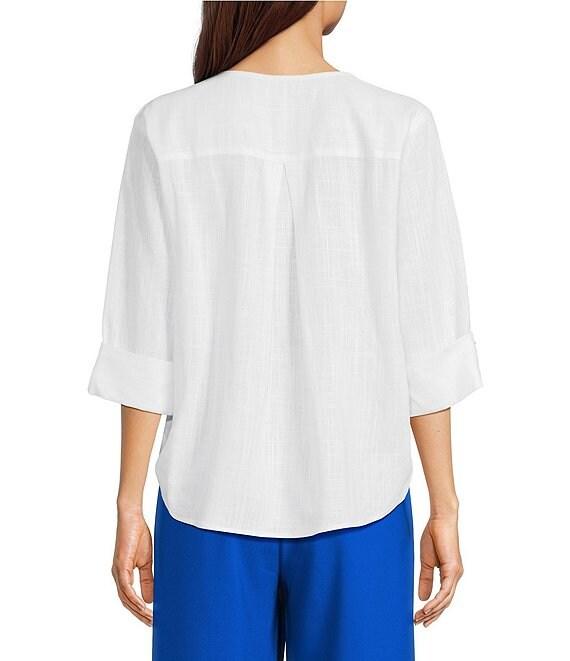 Investments Petite Size 3/4 Sleeve Split V-Neck Button Shirt Product Image