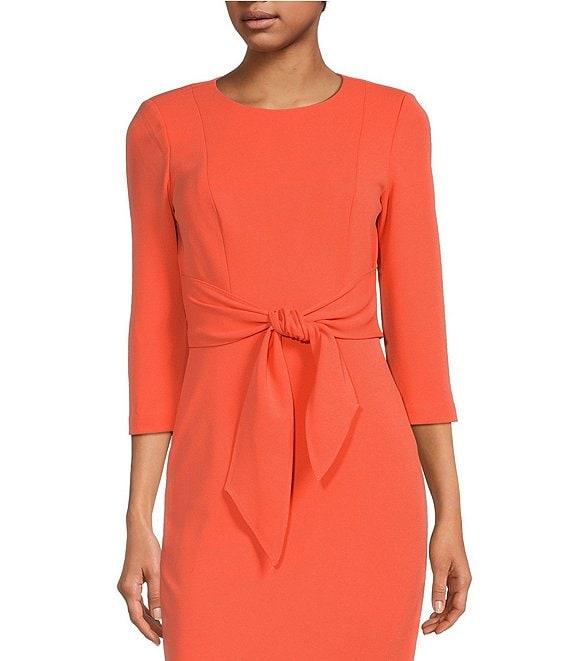Adrianna Papell Stretch Crepe Crew Neck Tie Waist 3/4 Sleeve Midi Sheath Dress Product Image