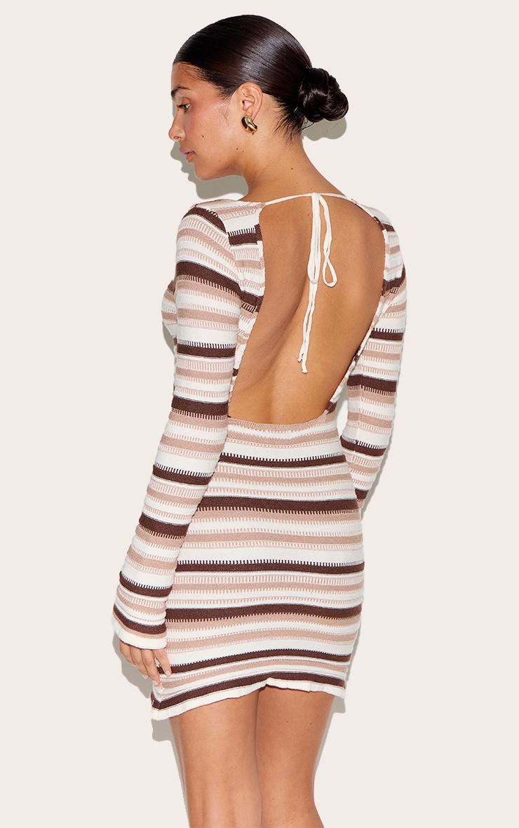 Petite Cream Knitted Stripe Long Sleeve Mini Dress Product Image