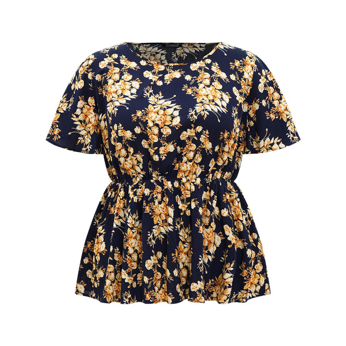 Plus Size Indigo Floral Print Flutter Sleeve Elastic Waist Blouse Women Elegant Short sleeve Round Neck Dailywear Blouses BloomChic 12/L Product Image