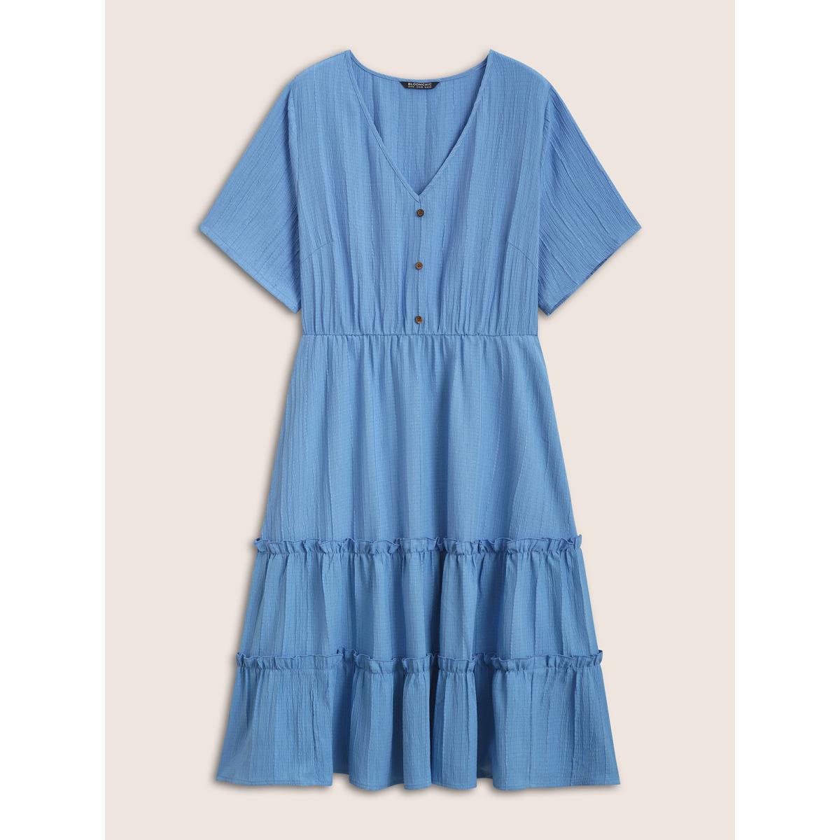 Plus Size Solid Button Detail Ruffle Layered Hem Dress LightBlue Women Casual V-neck Short sleeve Curvy Knee Dress BloomChic 22-24/3X Product Image