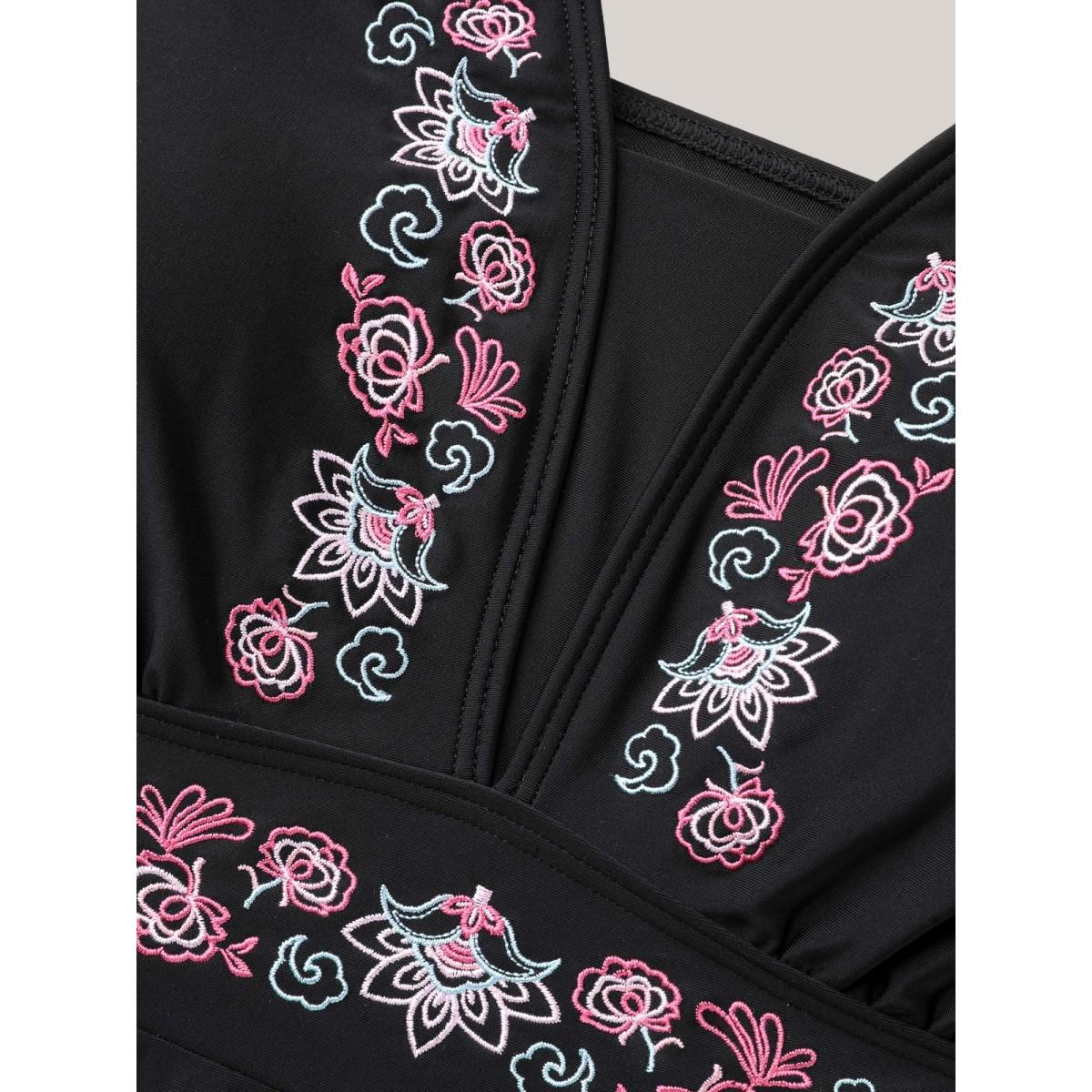 Plus Size Embroidered V-Neck Swim Dress Women's Swimwear Black Resort Bodycon V-neck High stretch Curve Swim Dresses BloomChic 26/4X Product Image