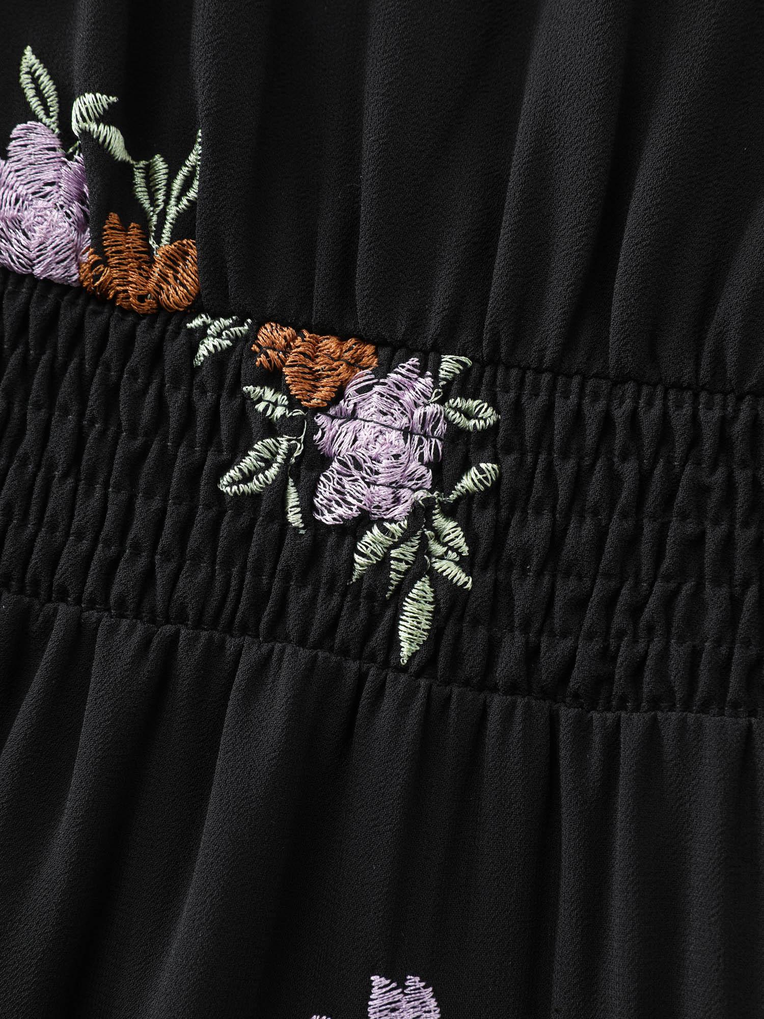 Floral Embroidered Shirred Waist Midi Dress Female Product Image