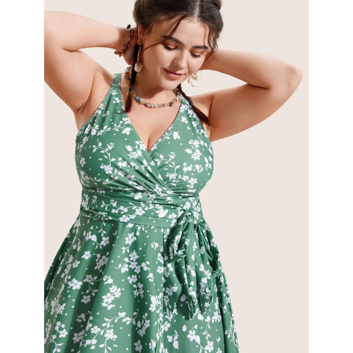 Plus Size Ditsy Floral Overlap Collar Tie Knot Swim Dress Women's Swimwear Palemauve Beach Bodycon Overlap Collar High stretch Curve Swim Dresses BloomChic 30/6X Product Image