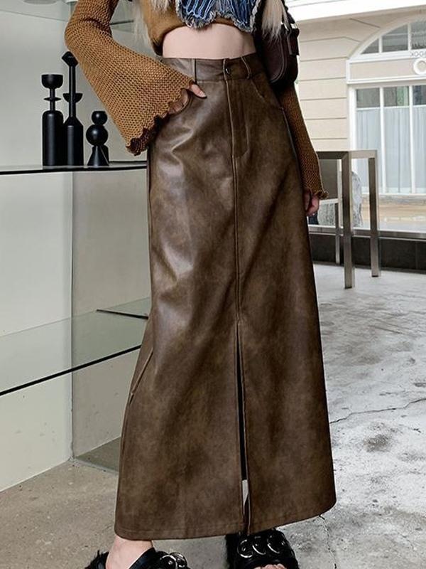 Vintage Brown High Rise Split PU Leather Midi Skirt Product Image