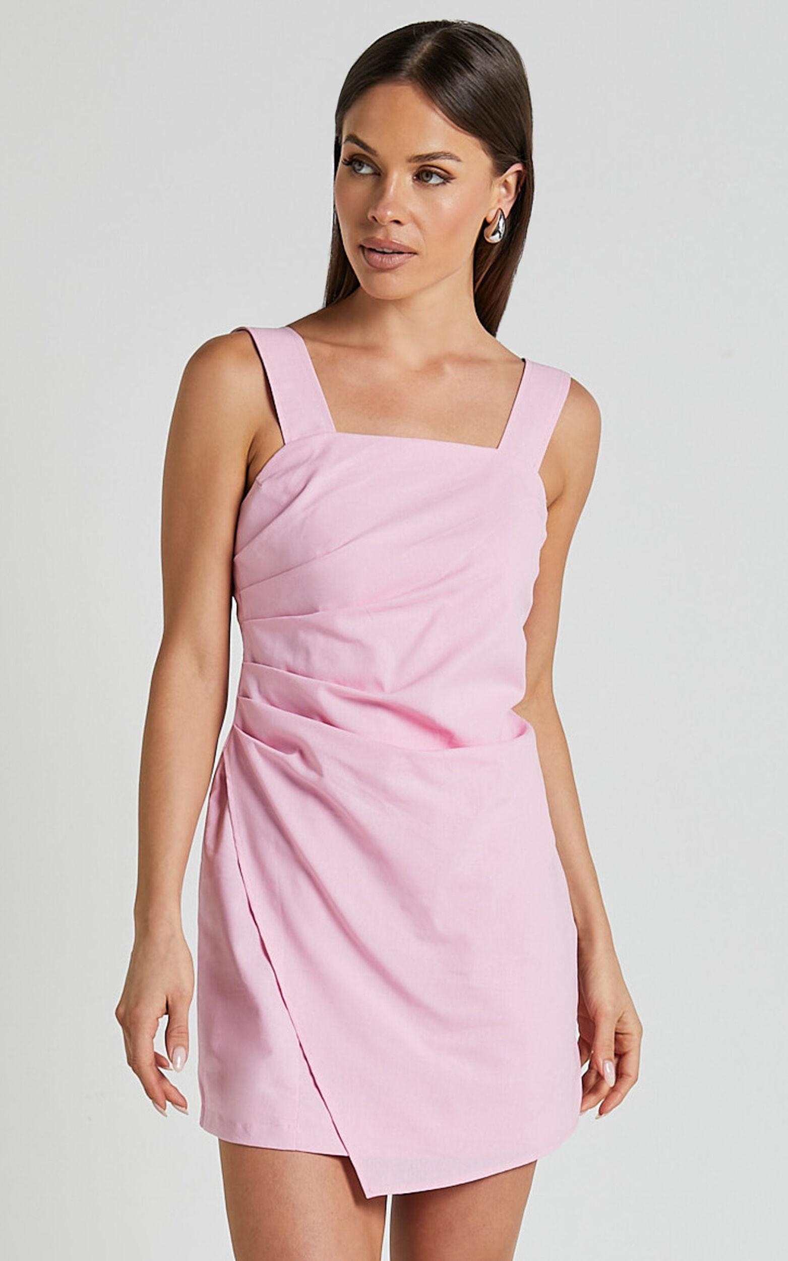 Abby Mini Dress - Straight Neck Wide Strap Wrap Dress in Pink Product Image