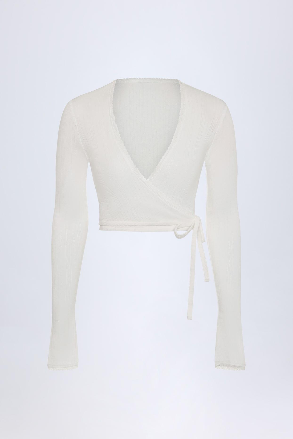 Pointelle Wrap Crop Top in White Product Image