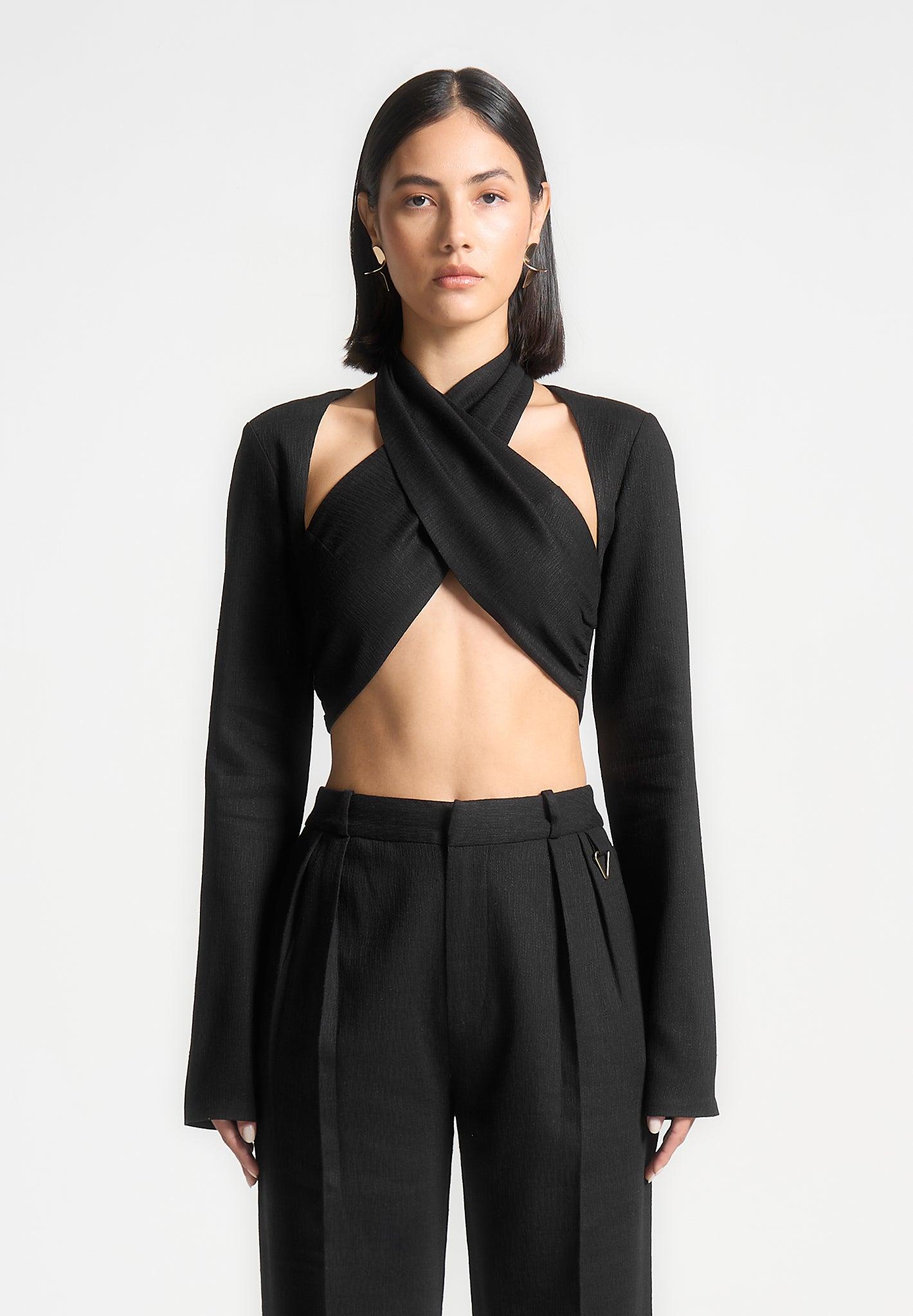 Wendy - Linen Crossover Bolero Top - Black Female Product Image