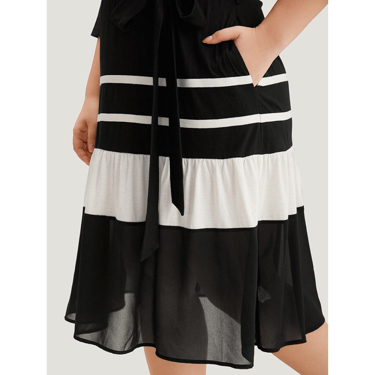 Plus Size Colorblock Contrast Belted Ruffle Layered Hem Dress Black Women Casual See through Round Neck Elbow-length sleeve Curvy Midi Dress BloomChic 28/5X Product Image
