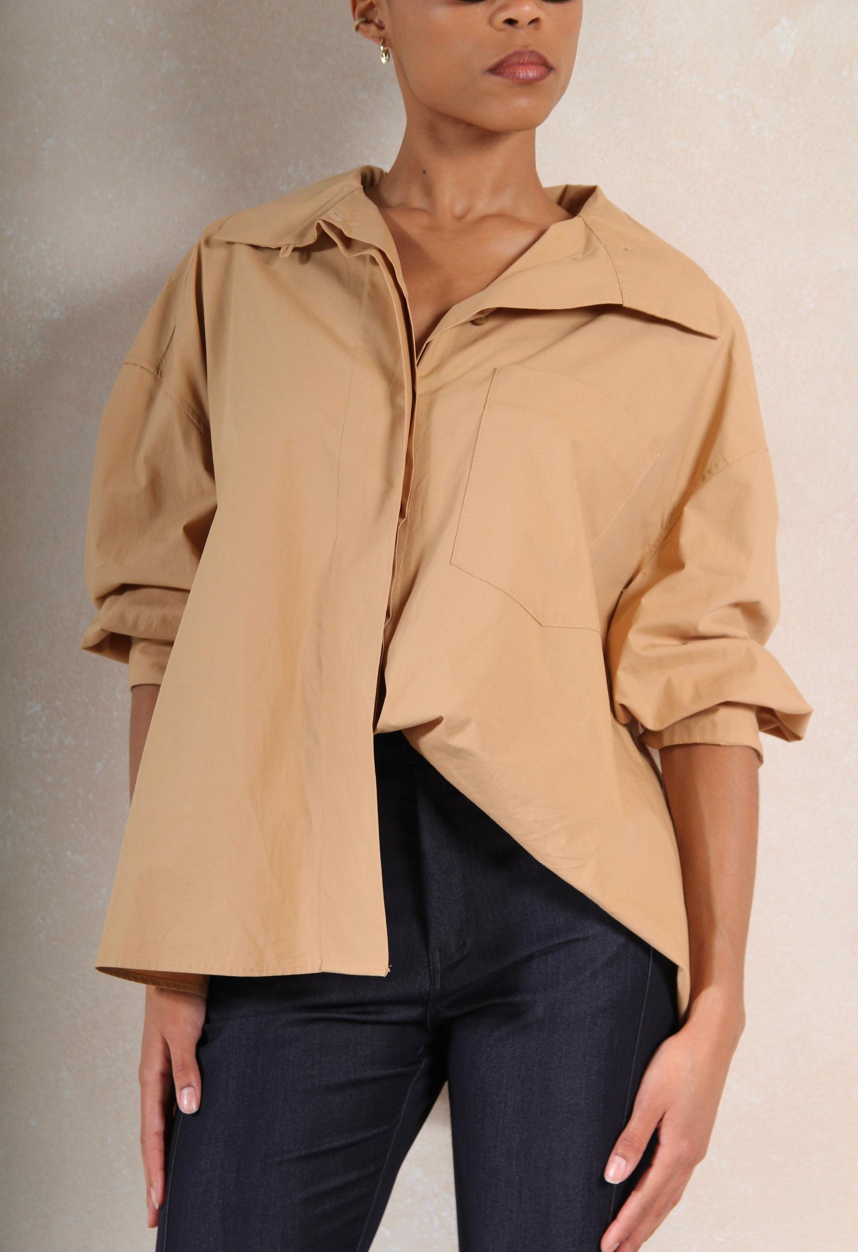 High Collar Button Down in Tan Product Image