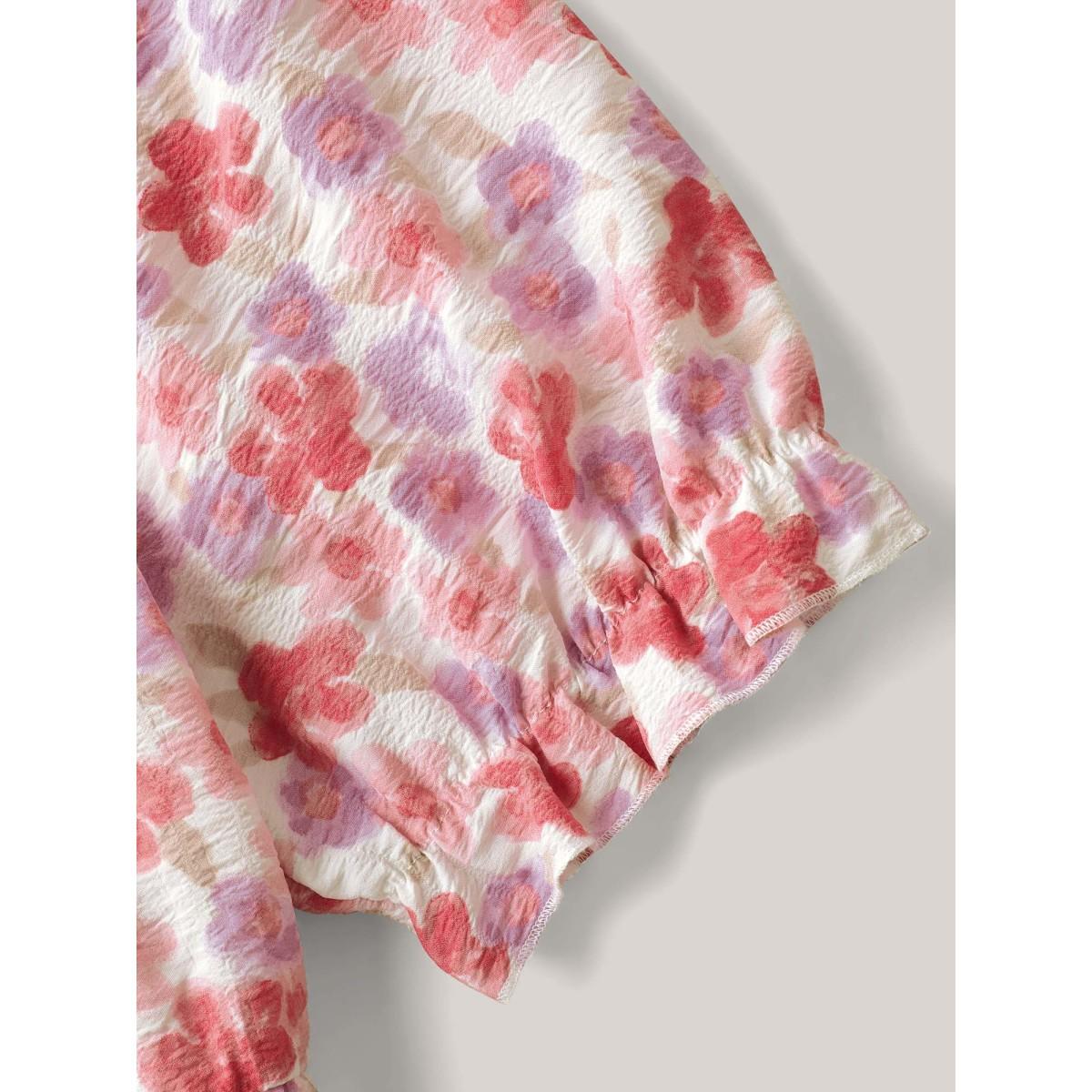 Plus Size Watermelon Floral Print Square Neck Tie Blouse Women Short sleeve Square Neck Everyday-Elegant Blouses BloomChic 28/5X Product Image