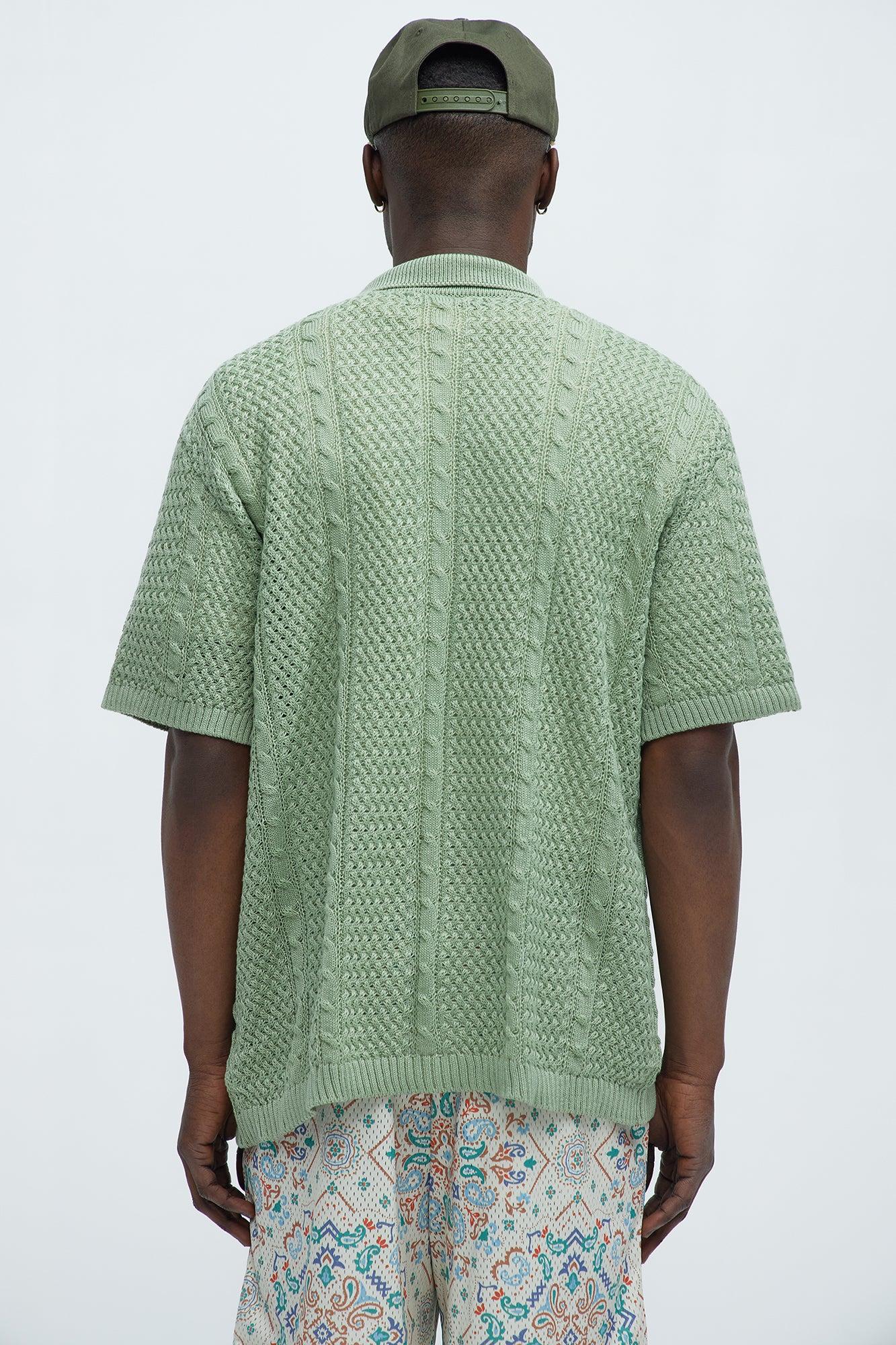 Unwind Cable Knit Short Sleeve Button Up - Sage Product Image