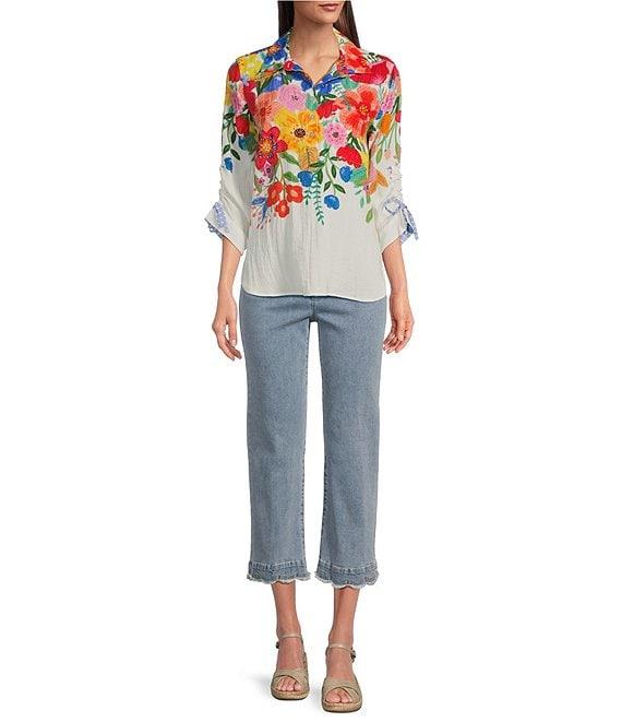 John Mark Petite Size Floral Point Collar 3/4 Cinched Tie Sleeve Top Product Image